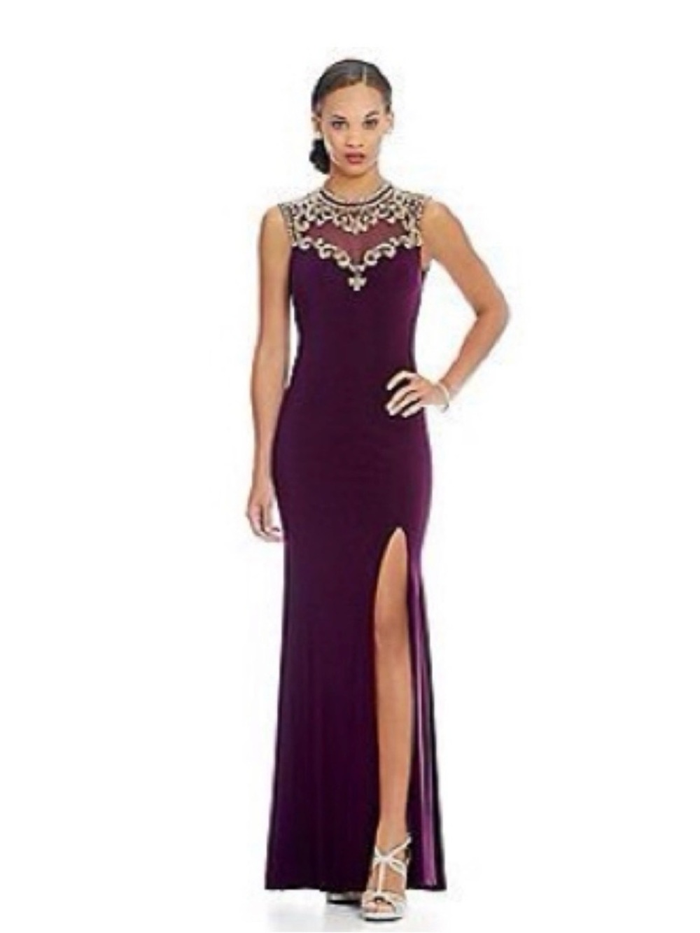Betsy & Adam Plum Evening Gown with Embellished Illusion Neckline, open back